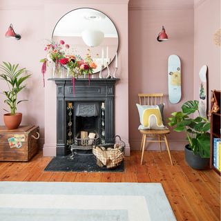 pink living room with fireplace