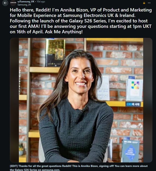 Samsung's vice president of product and marketing for Mobile Experience, Annika Bizon, held an AMA on Reddit to answer user questions and concerns.