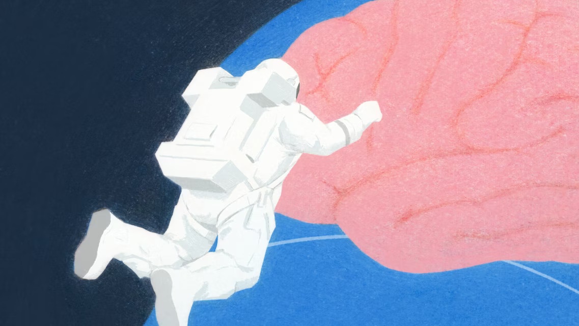 An illustration of an astronaut touching a giant abstract brain.