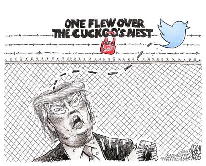 Political Cartoon U.S. Trump Twitter ban one flew over the cuckoos nest