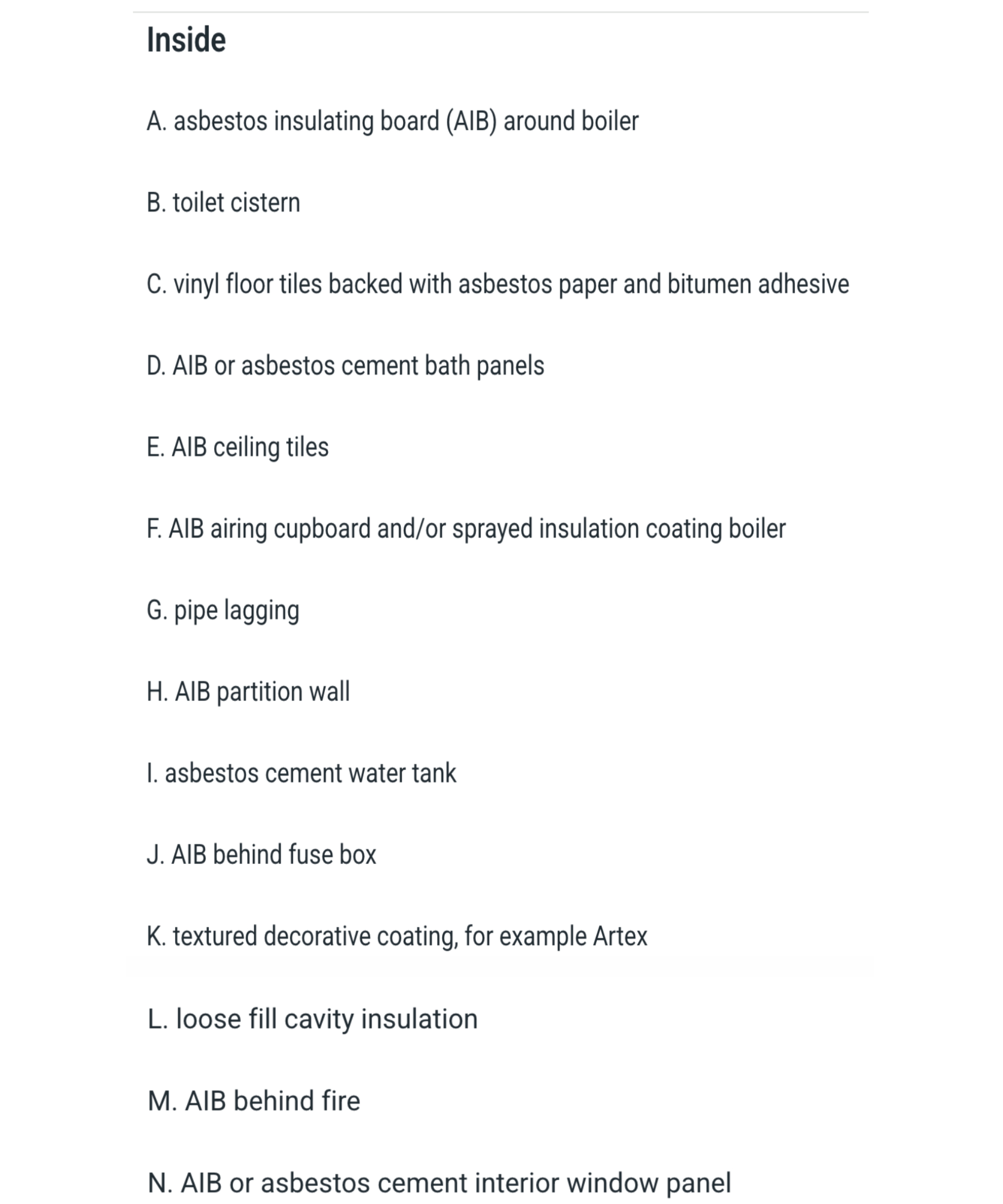 diagrams and keys to asbestos locations inside and outside the home