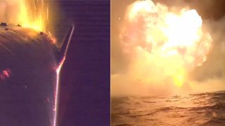 At left, a SpaceX Starship wing glowing red as it reenters. On right, a fireball in the night after splashdown.