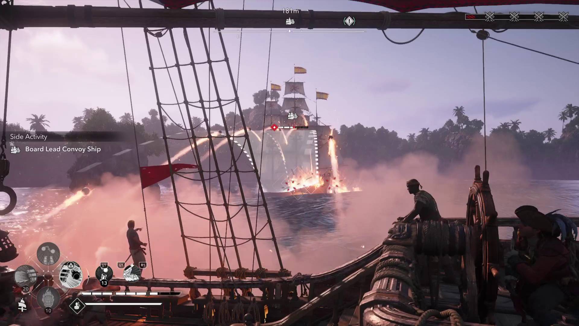 Assassin's Creed Black Flag Resynced jackdaw firing cannons at enemy convoy ship