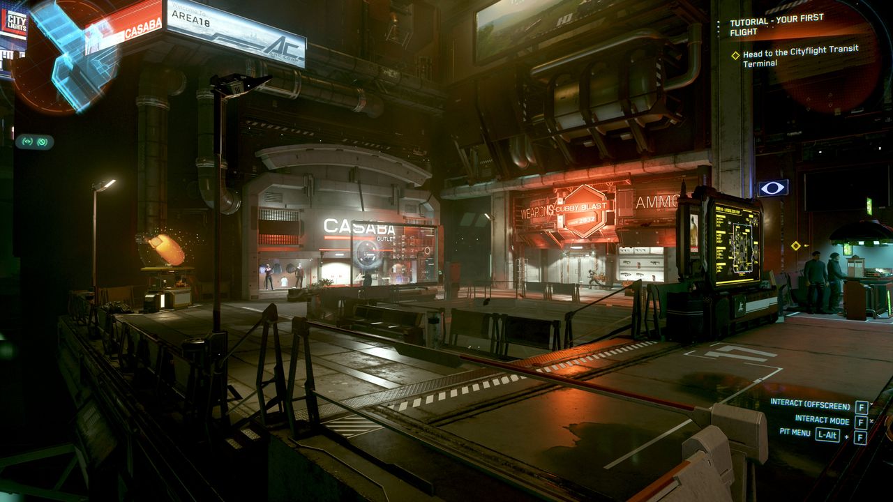 A screenshot of Star Citizen, showing part of the city/base section of Area 18