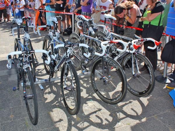 Saxo Bank's Specialized S-Works Tarmac SL3 machines wait patiently before the start of Stage 2.