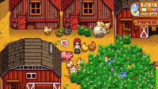 A Stardew Valley farm filled with animals. In the middle, a player character stands surrounded by chickens, pig, sheep, goats, and ducks while they eat grass.