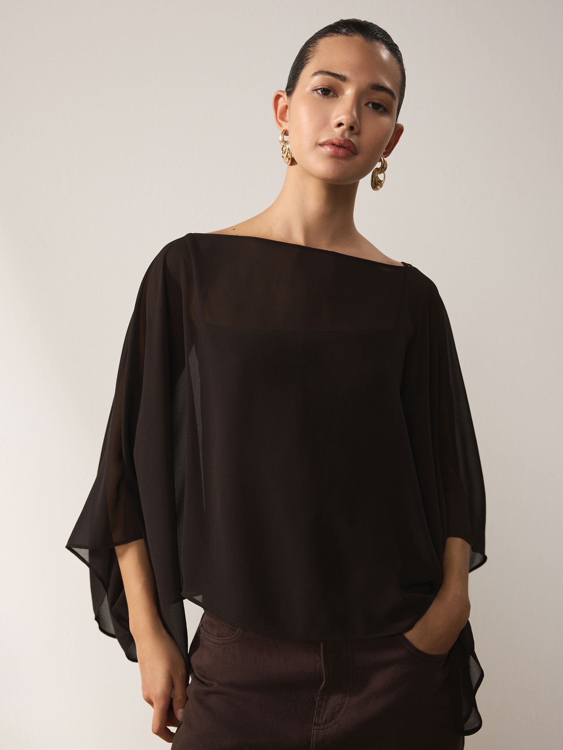 Chocolate Brown Sheer Layer Cape Sleeve Top With Cami