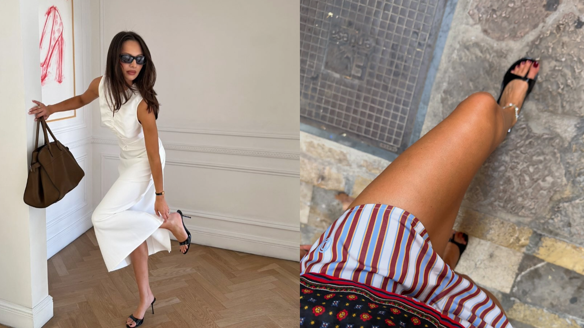 Pia Mance in a white dress and black sandals, and Marianne Smyth in a Doen set