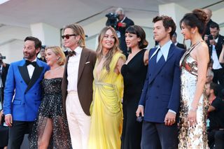 Nick Kroll, Florence Pugh, Chris Pine, Olivia Wilde, Sydney Chandler, Harry Styles and Gemma Chan attend the "Don't Worry Darling" red carpet at the 79th Venice International Film Festival on September 05, 2022 in Venice, Italy