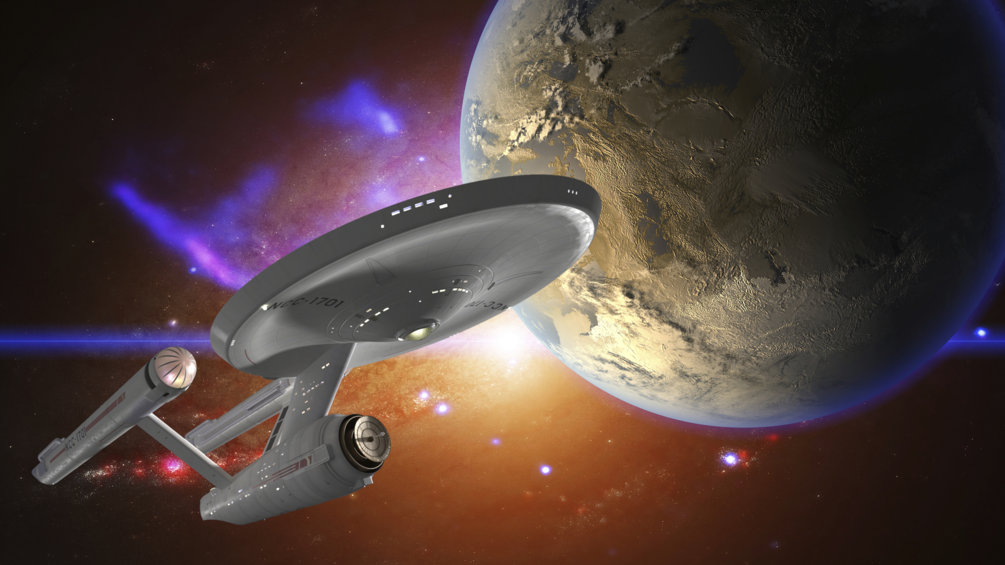 Exoplanet and galactic nebula illustration with the Starship Enterprise shown in the foreground