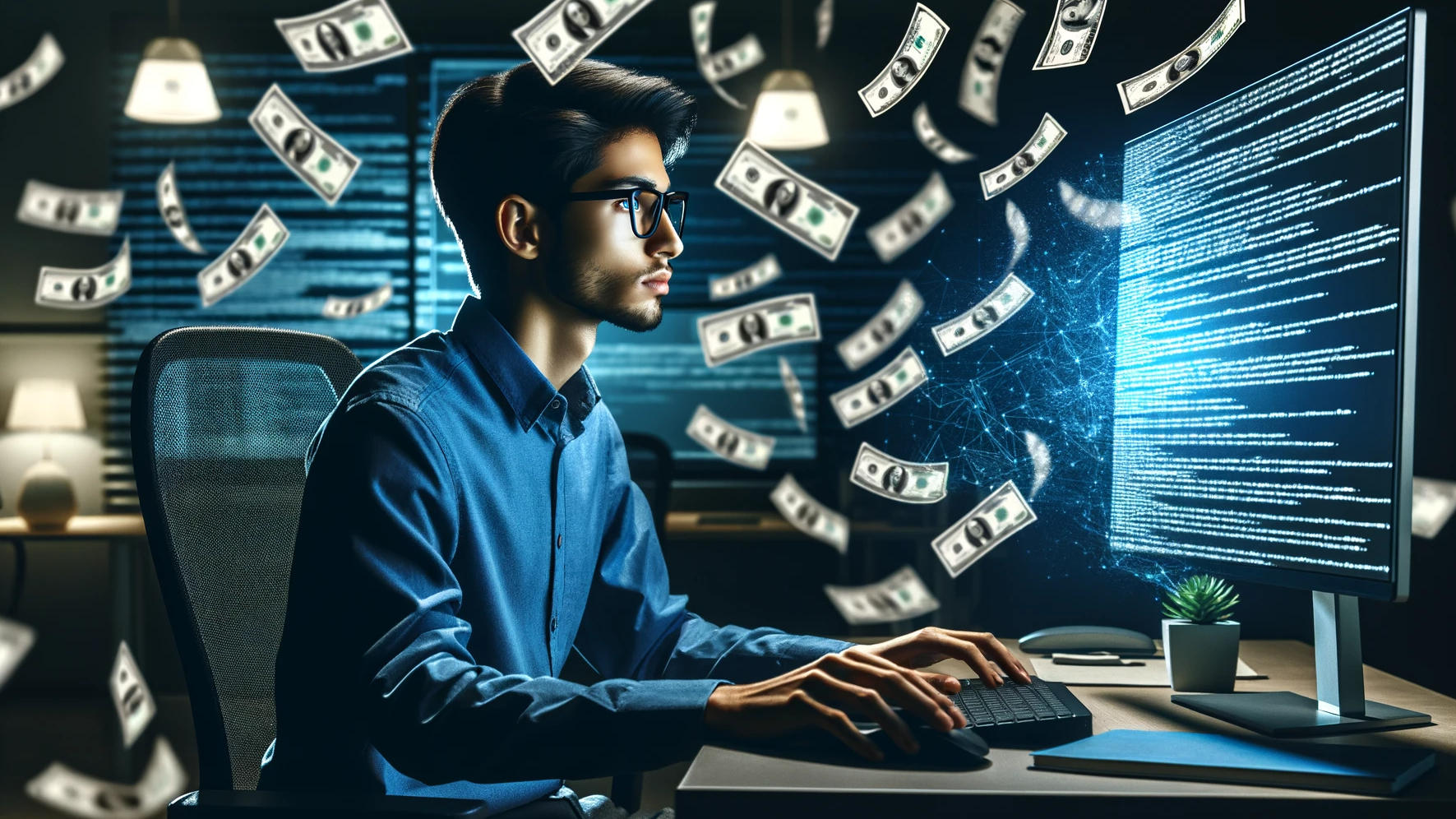 Специалист по кибербезопасности работает за компьютером в окружении плавающих долларовых купюр.
