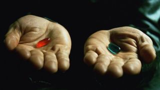 Matrix movies in order - Image shows a pair of open hands. In the left hand there is a red pill and in the right hand there is a blue pill,