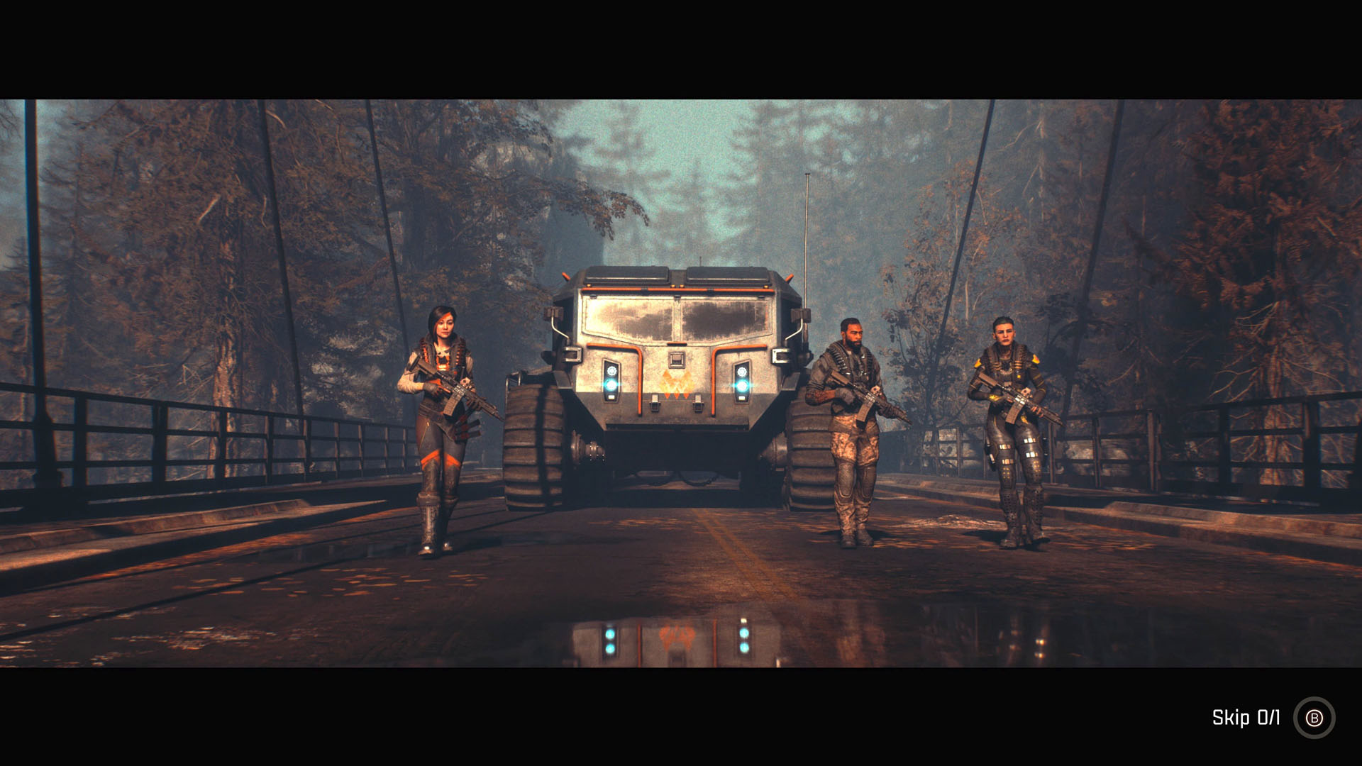 A cinematic shows the players escorting a chunky truck across a bridge in John Carpenter's Toxic Commando