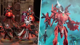 Aeldari warriors gather for battle, flanked by an image of a Wraithknight from Warhammer 40K