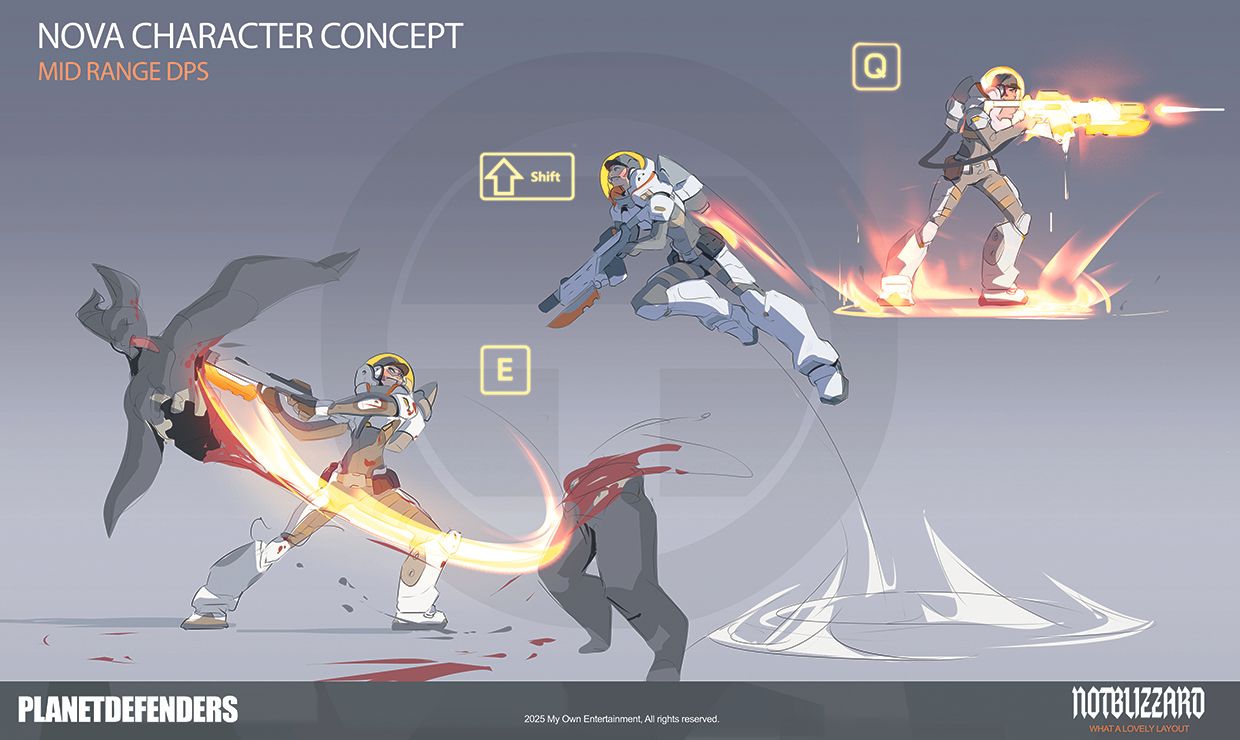 A drawing of a sci-fi character in different poses