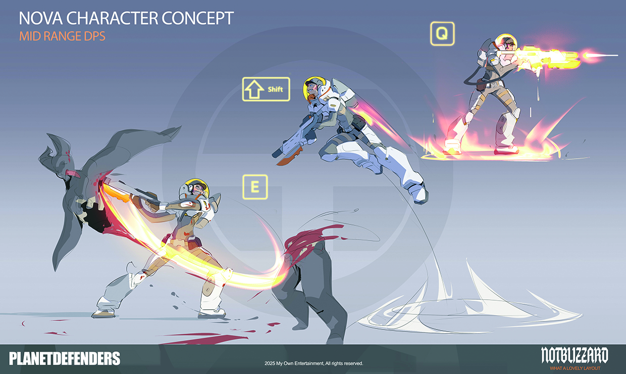 A drawing of a sci-fi character in different poses