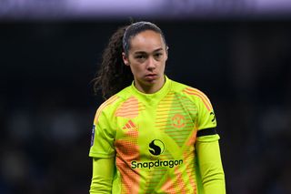 Phallon Tullis-Joyce of Manchester United looks on during the Barclays Women's Super League match between Manchester City and Manchester United at Etihad Stadium on January 19, 2025 in Manchester, England.