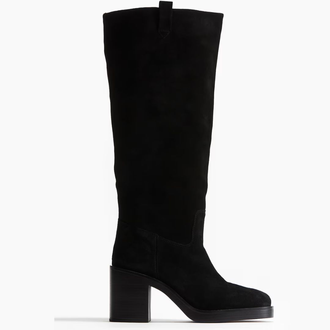 H&amp;amp;M Black Block Heel Knee High Suede Boots