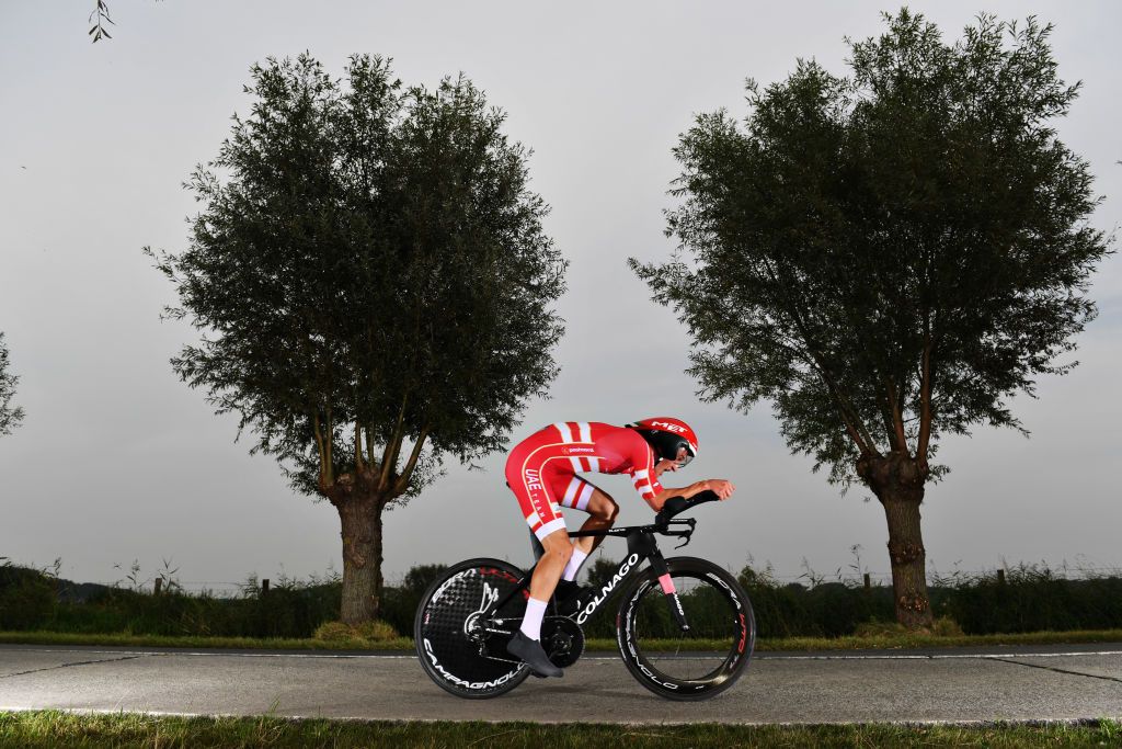 BRUGES BELGIUM SEPTEMBER 19 Mikkel Bjerg of Denmark sprints during the 94th UCI Road World Championships 2021 Men Elite ITT a 433km Individual Time Trial race from KnokkeHeist to Bruges flanders2021 ITT on September 19 2021 in Bruges Belgium Photo by Tim de WaeleGetty Images