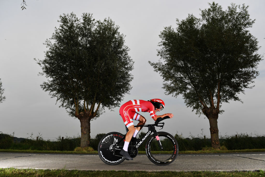 BRUGES BELGIUM SEPTEMBER 19 Mikkel Bjerg of Denmark sprints during the 94th UCI Road World Championships 2021 Men Elite ITT a 433km Individual Time Trial race from KnokkeHeist to Bruges flanders2021 ITT on September 19 2021 in Bruges Belgium Photo by Tim de WaeleGetty Images
