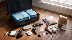 A suitcase on the floor with travel accessories surrounding it