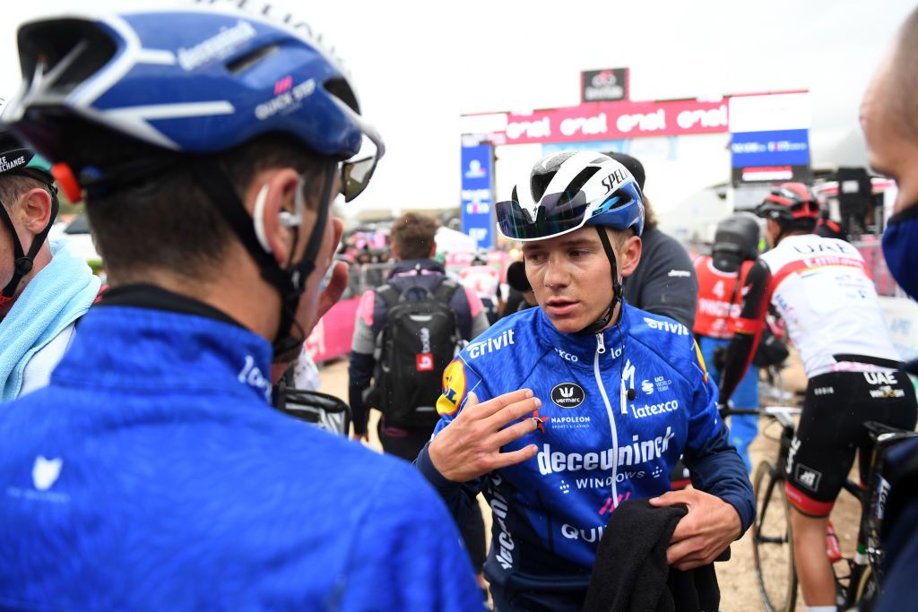 CAMPO FELICE ROCCA DI CAMBIO ITALY MAY 16 Joao Almeida of Portugal Remco Evenepoel of Belgium and Team Deceuninck QuickStep White Best Young Rider Jersey celebrate at arrival during the 104th Giro dItalia 2021 Stage 9 a 158km stage from Castel di Sangro to Campo Felice Rocca di Cambio 1665m girodiitalia Giro UCIworldtour on May 16 2021 in Campo Felice Rocca di Cambio Italy Photo by Tim de WaeleGetty Images