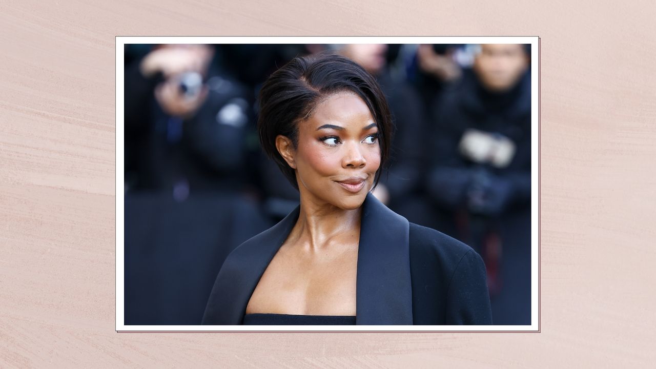 Gabrielle Union is pictured with a &#039;Tinkerbell&#039;-style pixie haircut at the Schiaparelli Haute Couture Spring-Summer 2025 show as part of Paris Fashion Week on January 27, 2025 in Paris, France/ in a pastel pink template