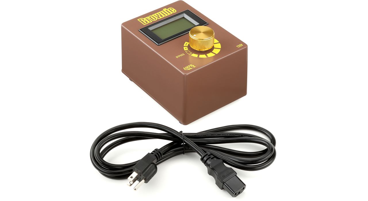 AmpRx Brownie &ndash; a brown unit with a gold dial, LED display, and yellow text