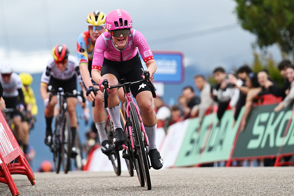 SALVATERRA DE MINO, SPAIN - MAY 03: Noemi Ruegg of Switzerland and Team EF Education-Oatly celebrates at finish line as stage winner during the 12th La Vuelta Femenina 2026, Stage 1 a 113.9km stage from Marin to Salvaterra de Mino / #UCIWWT / on May 03, 2026 in Salvaterra de Mino, Spain. (Photo by Szymon Gruchalski/Getty Images)