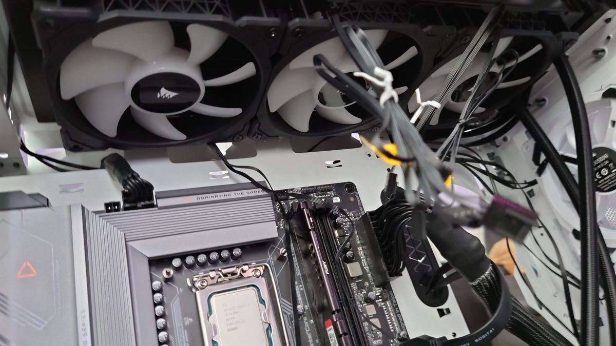 The AIO water cooler installed at the top of the case