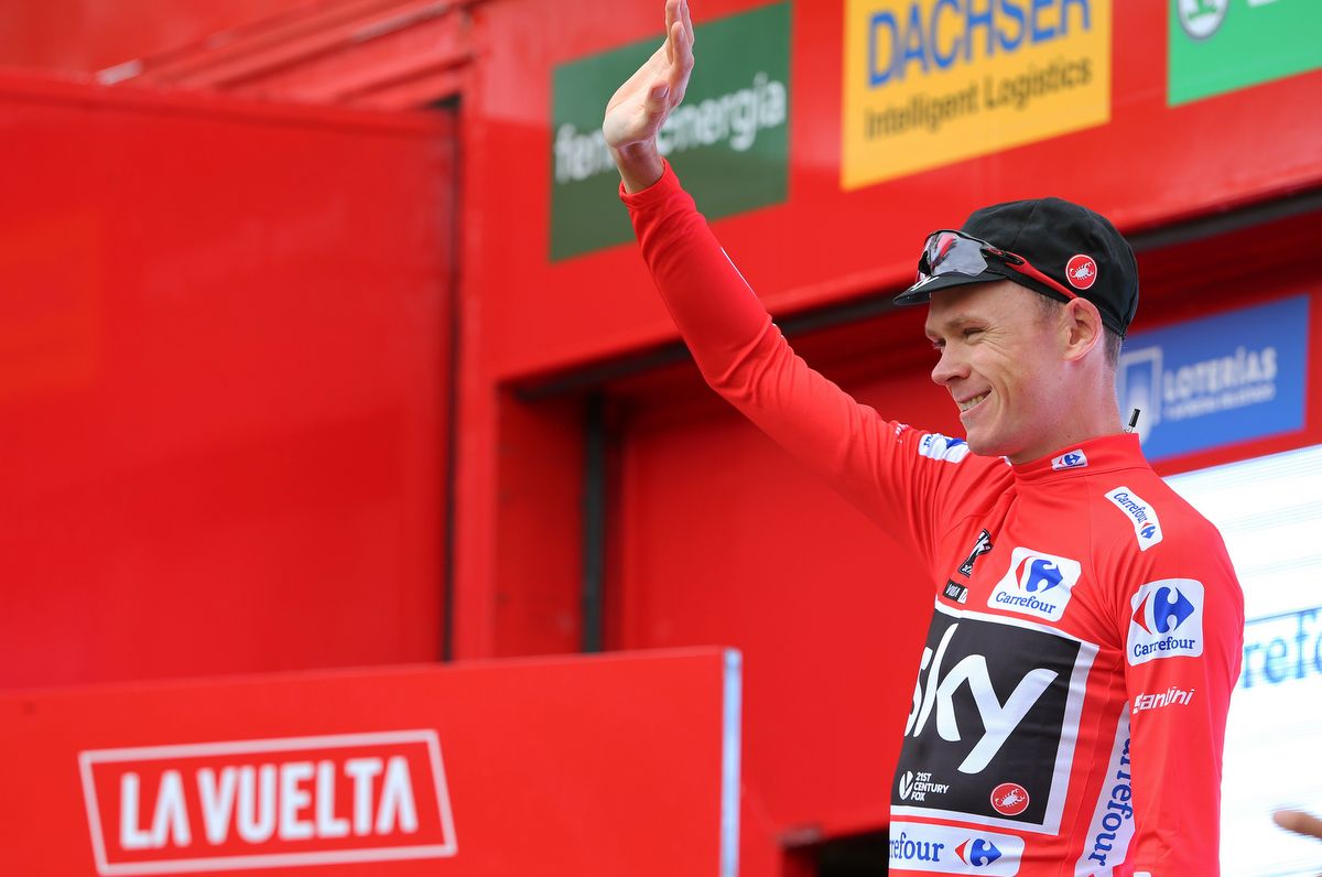 Race leader Chris Froome on the podium