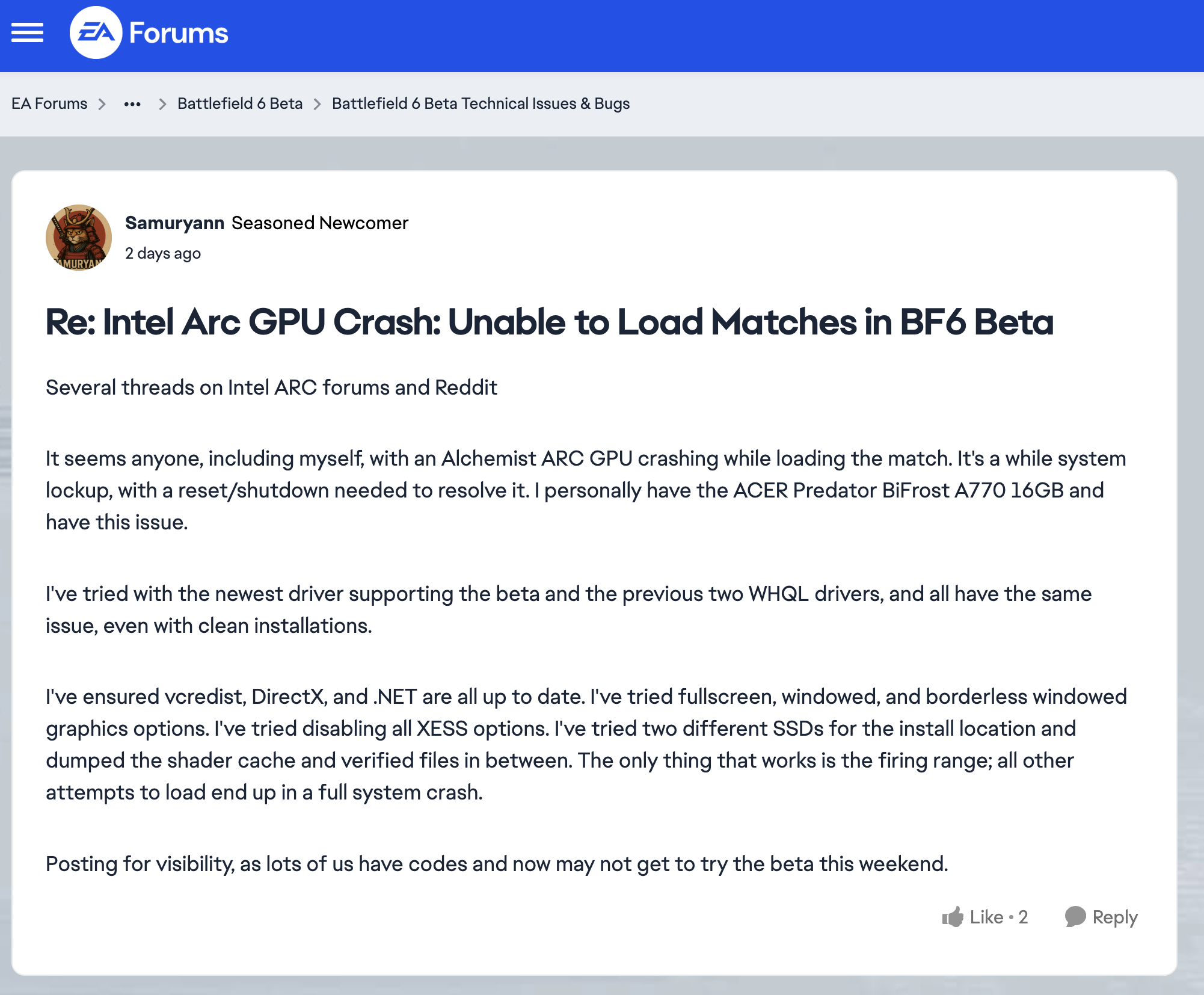 Battlefield 6 crash reports on Intel Arc GPUs across the internet