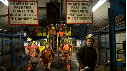 Miners pictured after their last shift at Kellingley Colliery, the UK's last deep coal mine, on 18 December 2015 in Knottingley, England