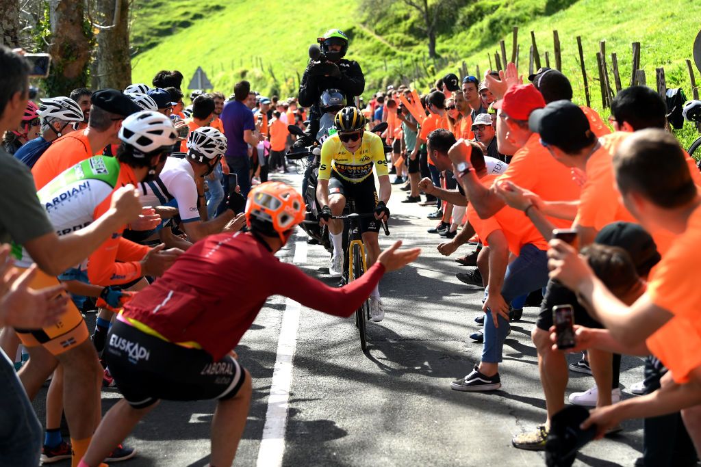EIBAR SPAIN APRIL 08 Jonas Vingegaard of Denmark and Team Jumbo Visma Yellow Leader Jersey competes in the breakaway while fans cheers during the 62nd Itzulia Basque Country Stage 6 a 1378km stage from Eibar to Eibar UCIWT on April 08 2023 in Eibar Spain Photo by David RamosGetty Images