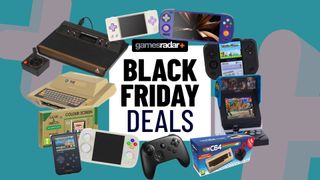 Black Friday deals badge surrounded by retro hardware in a circle starting with Retroid Pocket 5, MagicX Zero 40, Neo Geo Mini, C64 Mini, 8Bitdo N64 controller, Anbernic RG Cube, Super Pocket, Zelda Game and Watch, Atari 400 Mini, and Atari 2600+ with teal backdrop and grey plus icons.