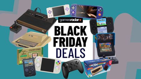 Black Friday deals badge surrounded by retro hardware in a circle starting with Retroid Pocket 5, MagicX Zero 40, Neo Geo Mini, C64 Mini, 8Bitdo N64 controller, Anbernic RG Cube, Super Pocket, Zelda Game and Watch, Atari 400 Mini, and Atari 2600+ with teal backdrop and grey plus icons.