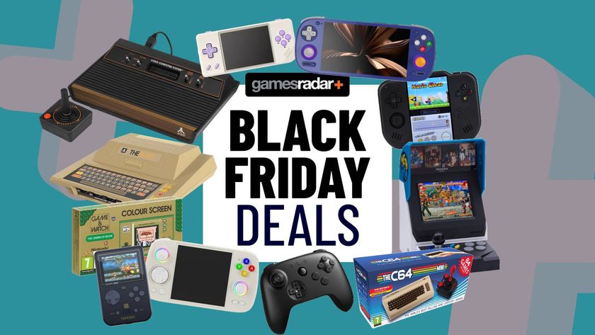 Black Friday deals badge surrounded by retro hardware in a circle starting with Retroid Pocket 5, MagicX Zero 40, Neo Geo Mini, C64 Mini, 8Bitdo N64 controller, Anbernic RG Cube, Super Pocket, Zelda Game and Watch, Atari 400 Mini, and Atari 2600+ with teal backdrop and grey plus icons.