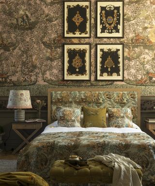 Maximalist bedroom idea with printed wallpaper and duvet set by MindTheGap
