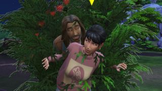 The Sims 4 Werewolves - Margaret Ruff and Kristopher Volkov sneaking out of a bush, surrounded by hearts.