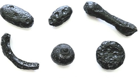 Six black rock-like objects in different shapes.