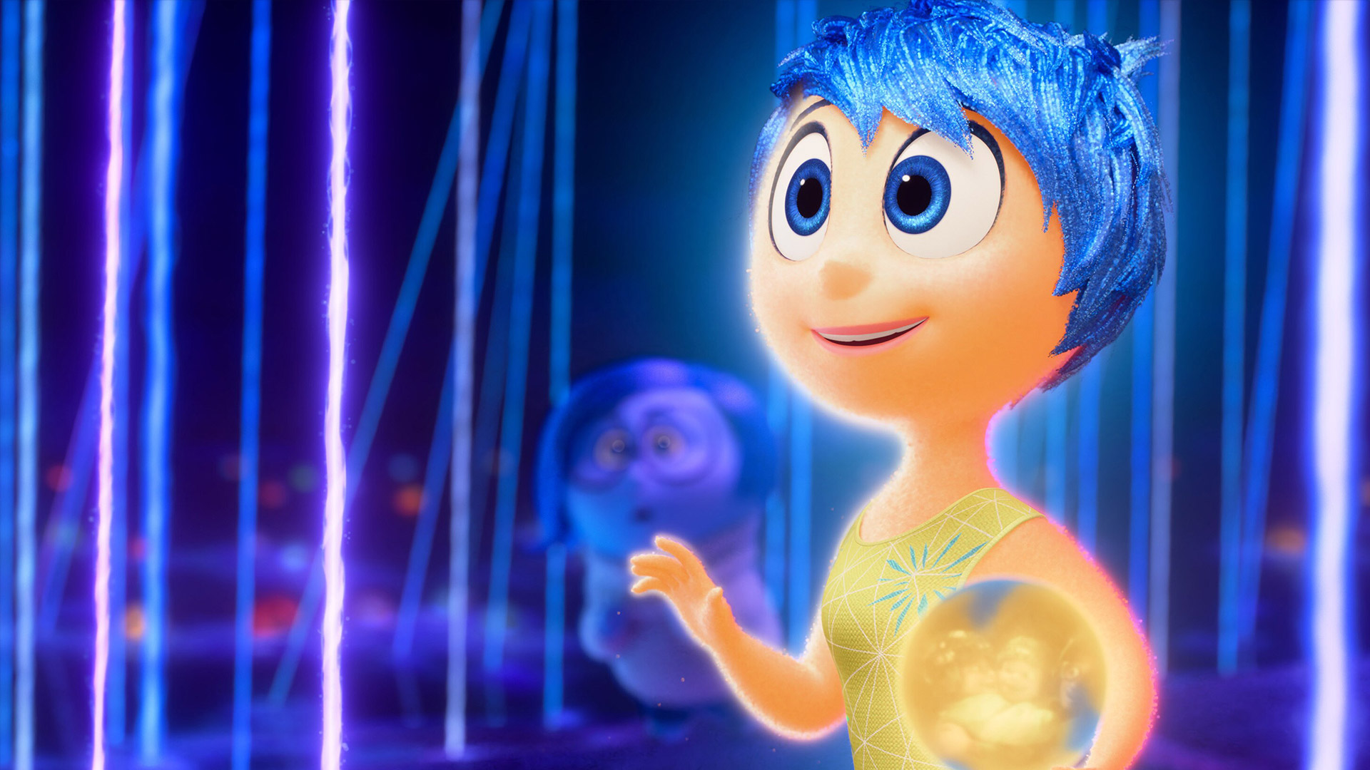 An animated character called Joy from Inside Out 2 looks at a glowing purple string