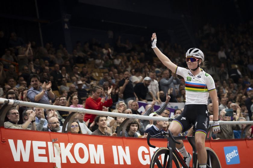 Belgian rider Lotte Kopecky reacts after competing on the fourth day of the Zesdaagse Vlaanderen-Gent six-day indoor track cycling event at the indoor cycling arena &#039;t Kuipke in Gent on November 17, 2023. (Photo by DAVID PINTENS / Belga / AFP) / Belgium OUT (Photo by DAVID PINTENS/Belga/AFP via Getty Images)