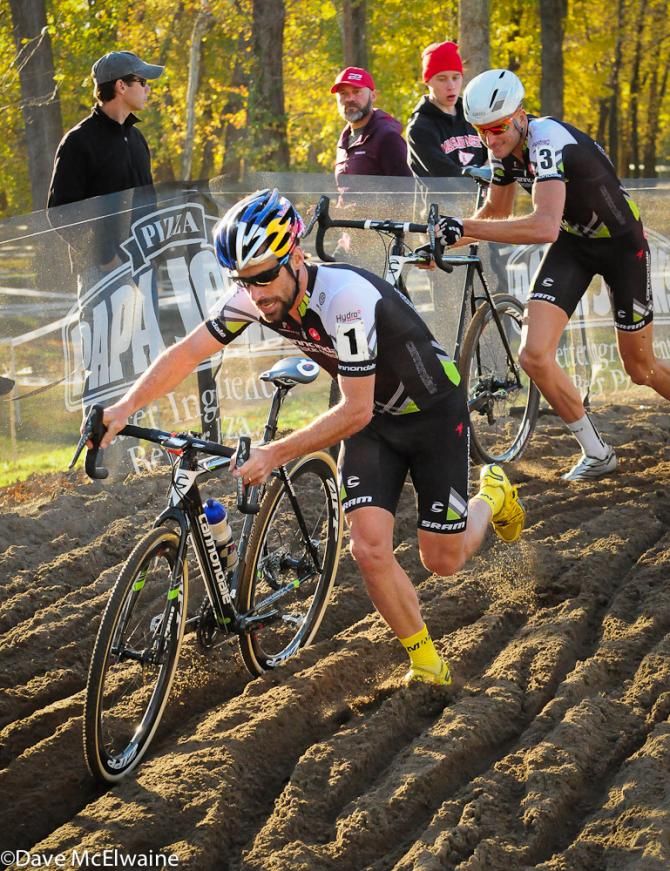 Tim Johnson and Ryan Trebon (Cannondale) both were forced off their bikes on lap one