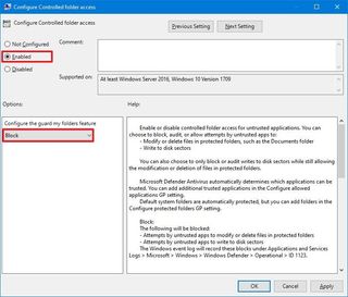Controlled folder access enable gpedit option