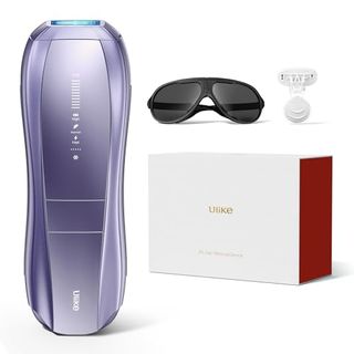 Ulike Laser Hair Removal device with box, glasses, and removable head on a white background