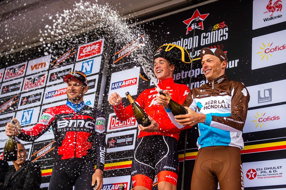 Mads Pedersen on the podium after winning Tour de l'Eurom&eacute;tropole