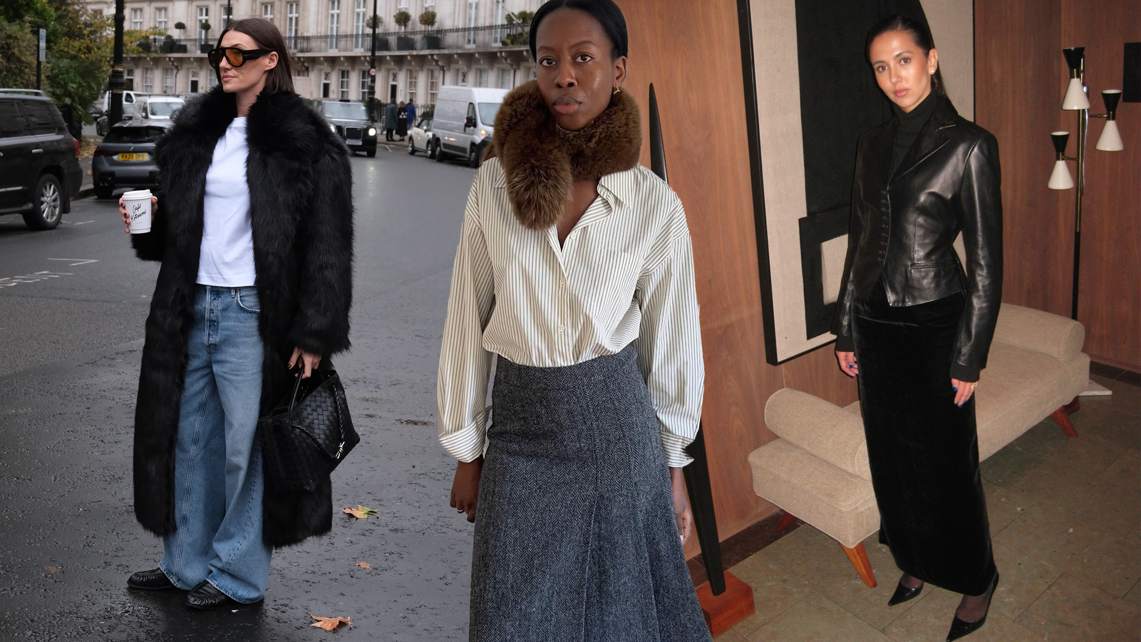 A collage of three women wearing chic high-low winter outfits.