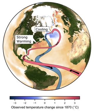 The Atlantic Meridional Overturning Circulation, also known as the Gulf Stream System, brings warm waters from the South to the North, where it sinks into the deep and transports cold water from the North to the South. A weakening of this major ocean circulation can have widespread and potentially disruptive effects.