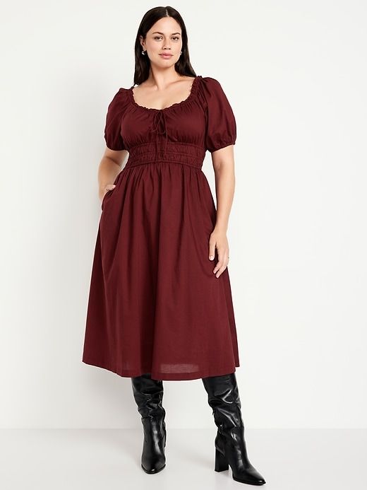 Fit & Flare Puff-Sleeve Midi Dress