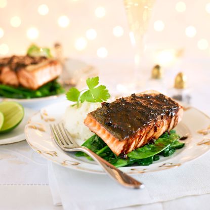 Malaysian Salmon with Sticky Rice and Greens